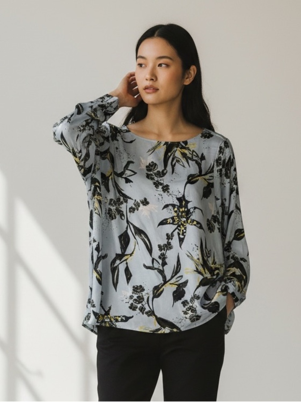 Dorothee Schumacher Light Blue Floral Boatneck Blouse with Long Sleeves